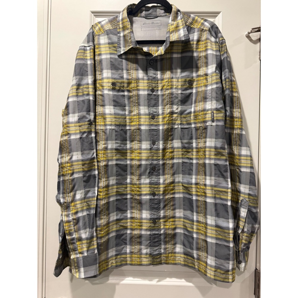 Eddie Bauer Mens XLT Gray Green‎ Plaid Short Sleeve Button Down Ventilated Shirt